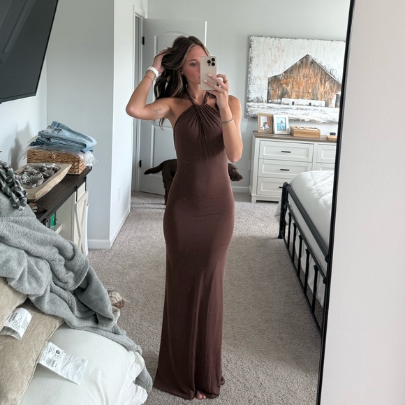 Meshki Elyna Slinky Halter Maxi Dress - Chocolate Meshki Elyna Slinky Halter Maxi Dress - Chocolate